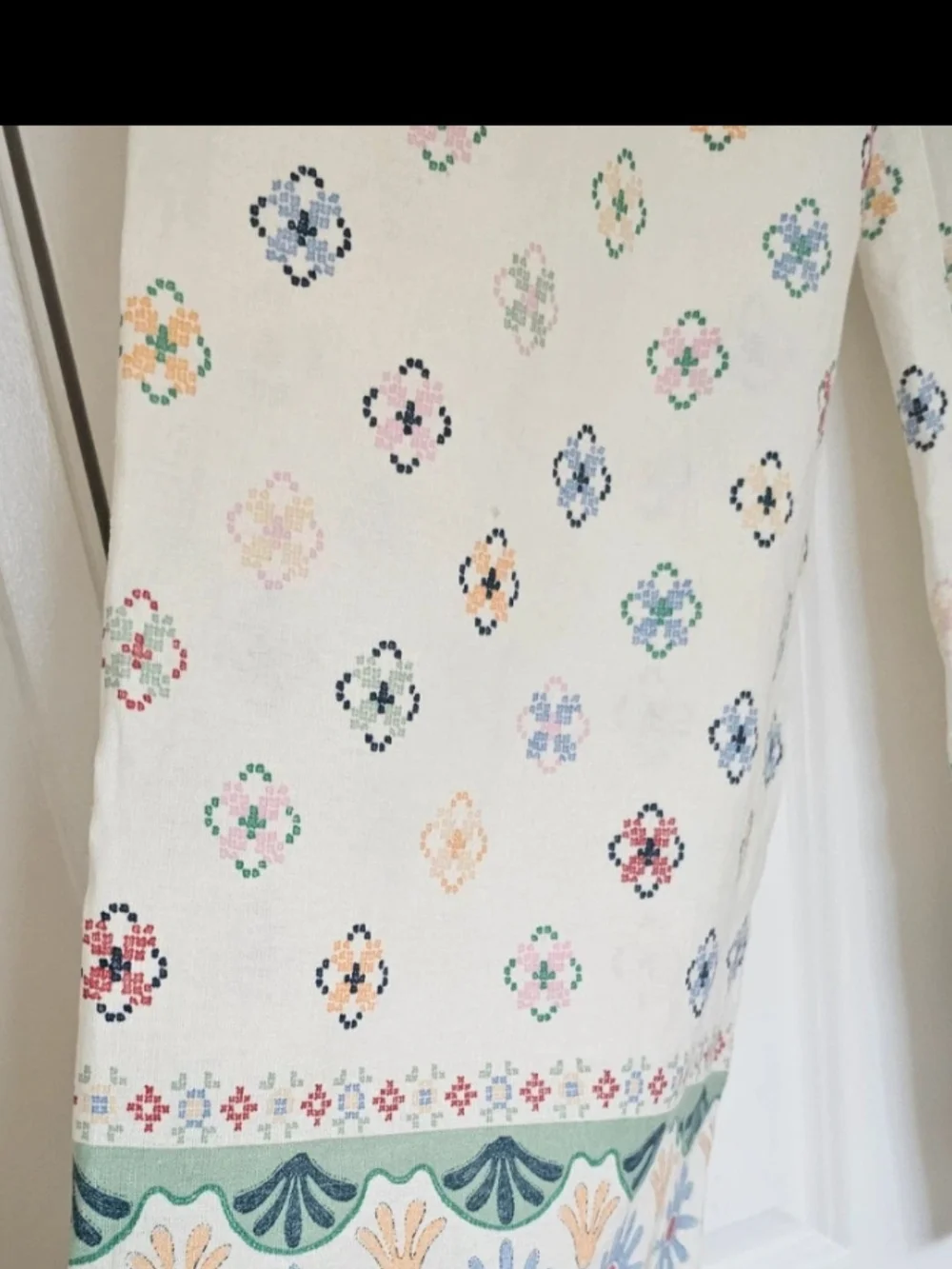 Zara White Wide-Leg Embroidered Border Pants - Multicolor Floral Motif